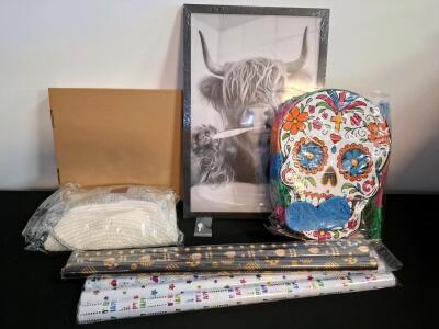Mixed Lot: Framed Cow Art, Sugar Skull Pi&ntilde;ata, Basket, 3 Gift Wrap Rolls &ndash; Celebration Bundle, weaved cloth basket. Heart wreath