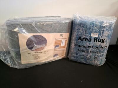 8x10 Modern Blue Grey Area Rug & 10x14 Non-Slip Felt Rubber Rug Pad Set, Machine Washable