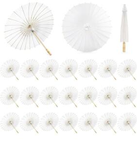 Set of 24 White Paper Parasols, 31.5" Diameter, Bamboo Handle