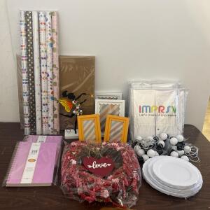Assorted Party & Decor Lot: (4) Tubes Gift Wrap, Fairy Figurine, Heart Wreath, (2) Notebooks, (10) each of Dinner, Side And Dessert Plates, (2) 6&rdquo;x8&rdquo; White Frames and (2) 4&rdquo;x6&rdquo; Yellow Frames, 4&rsquo; Light Up &ldquo;21&rdquo; Marquee Sign and (8) Piece 14&rdquo;x14&rdquo;x2&rdquo; Pizza Bo
