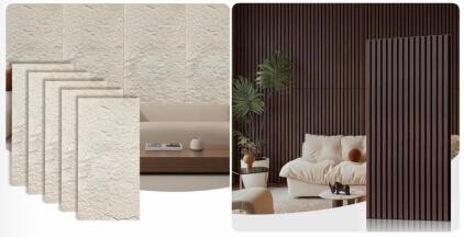 Faux Stone PU Wall Panels 47"x23", 5pcs & Acoustic Slat MDF Panels 47"x23", 2pcs Bundle