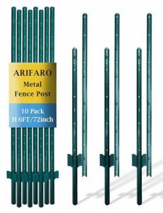 ARIFARO 6FT Metal U-Post Fence Posts, 10 Pack, Powder-Coated Steel, Stable Anchor, Adjustable Hooks