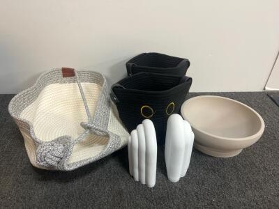 Modern White/Grey Storage Baskets, Cat Face Baskets, Bowl, Sculptural Bookend Set