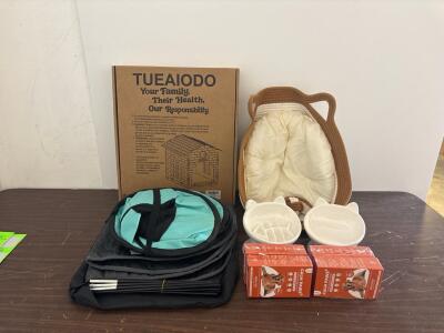 Complete Pet Essentials Starter Bundle: Playpen, Wooden House, Bowls, Bed, 1 year supply Calming Spray