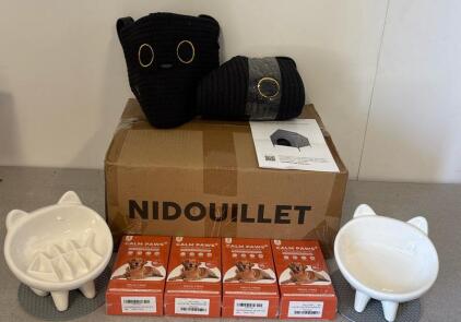 Assorted Cat-Themed Pet Supply Bundle: NIDOUILLET Pet House (Assembly Required), Ceramic Bowls, Storage Baskets, Calm Paws Spray