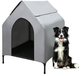 NIDOUILLET Raised Outdoor Dog House, 35"x29"x41", 90 lbs Capacity, Grey/Black, Steel Frame- Dog Not Included
