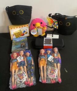 Mixed Lot: Cascadia Board Game, 6 Fashion Dolls, Subway Plush, Car Playset, Storage Bags, Case