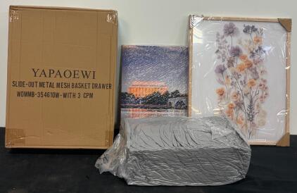 Home Goods - Metal Slide Out Drawer, Artwork & King Size Bed Mattress Topper Pad.