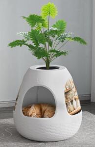 QBed Cat House with Decorative Artificial Plant, Vertical Scratcher, Entry 10.24", Model CW12M0782