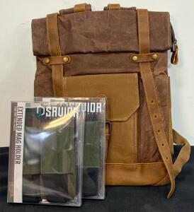 CRUITBILI Waxed Canvas Leather Laptop Backpack, Classic Khaki, 15.6", 2 Savior Mag Holders, New