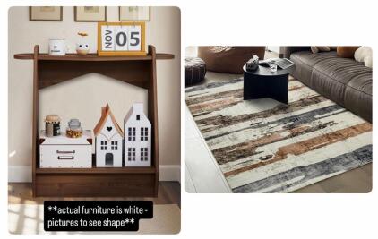 White Console Bookcase 31.5"x10.8"x28.3", 2 Shelves, Modern Wood, & 7.9'x5.2' Abstract Stripe Rug