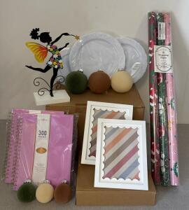 Holiday Home Decor Lot: Velvet Ornaments, Frames, Notebooks, Plates, Wrapping Paper, Metal Statue