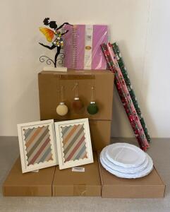 Lot: Picture Frames, Velvet Ornaments, Plates, Notebooks, Fairy Figurine, Holiday Gift Wrap