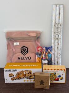 Gingerbread Man Waffle Plates, Pink Backpack, Play Bus and Mat, and Happy Birthday Wrapping Paper