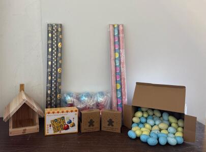 Mixed Decor & Toy Lot: (2) Gingerbread Waffle Maker Plates, Bird Feeder, Eggs, Gift Wrap, Puzzle Track, Disco Ball Drink Cups