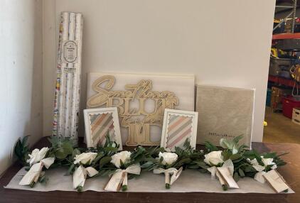 Mixed Wedding Decor Lot: 6 Boutonnieres, Wood Sign, 2 Frames 6x8, Wrapping Paper, Album Book