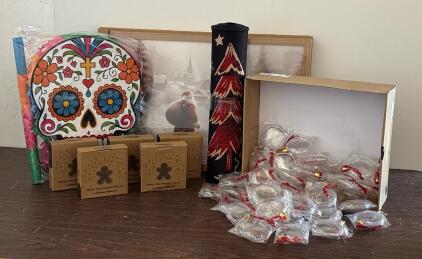 Christmas & Day of the Dead Decorations Lot &ndash; Sugar Skull Pi&ntilde;ata, (2) Santa Art Canvases, Rug Runner, DIY Ornaments