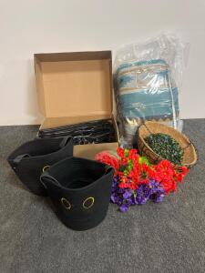 Home D&eacute;cor Lot: Geometric Throw, Cat Face Rope Baskets, Plastic Hangers, Hanging Planter, Faux Flowers