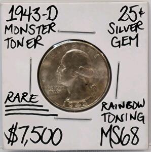 1943-D Washington Quarter Silver, Denver Mint, Monster Toner, MS68 Potential