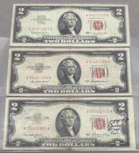 1953 & 1963 $2 Red Seal Notes, Thomas Jefferson, 3pc Lot, Circulated, Consecutive Serial Numbers