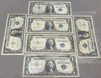 Lot of 6 U.S. $1 Silver Certificate Notes 1935A, 1957, 1957A, 1957B, Blue Seal, Various Signatures