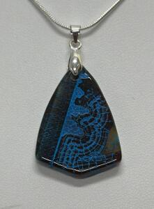 Blue/Brown Fire Dragon Veins Pendant W/ 24&rdquo; .925 Silver Snake Necklace