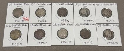 Buffalo Nickel Set: 10 Coins from 1916 to 1938, Mixed Mint Marks
