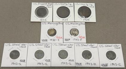 Historic U.S. Coin Lot: 1803 Draped Bust, 1828/1829 Liberty, 1936/1943 Mercury Dimes, 1943 Steel Cents