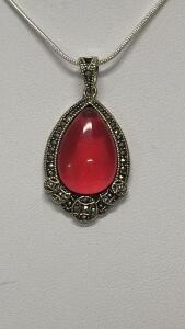 Sterling Silver Teardrop Red Gemstone Pendant Necklace with Marcasite Accents, 20&rdquo; Chain