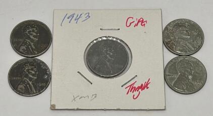 1943 Lincoln Wheat Cent Steel Pennies Set, Five Coins, WWII Zinc-Coated Steel, Circulated
