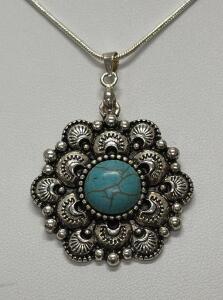 Ornate Silver-Tone Necklace with Turquoise-Style Floral Pendant, 24" Chain, Vintage-Inspired Design