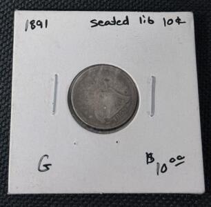 1891 Seated Liberty Dime 10&cent; Coin &ndash; Good Grade, 90% Silver, Cardboard Flip Holder