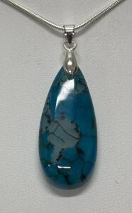 Blue Teardrop Agate Pendant Necklace with Silver-Plated Snake Chain, 22" Length, Lobster Clasp