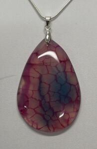 Teardrop Crackle Agate Pendant Necklace, Purple-Pink Stone, Silver Snake Chain, 20&rdquo;