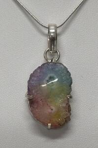 Rainbow Druzy Quartz Pendant Necklace, Freeform Stone, Sterling Silver Snake Chain, 24 inches