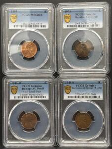PCGS Graded Lincoln Cents Lot: 1944-S VF Detail, 1993 MS62RB, 1982-D AU Detail, 1973 AU Detail