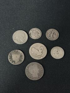 Lot of 7 Vintage U.S. Coins including 1898 Barber Quarter, Buffalo Nickel, Flying Eagle Cent
