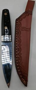 Custom M390 Fixed Blade Knife, Designer Riverside CA, Mosaic Handle, Tooled Leather Sheath