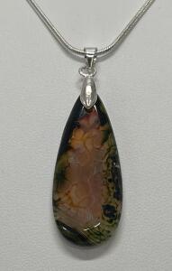 Green/Orange Fire Agate Gemstone W/ 22&rdquo; .925 Silver Necklace