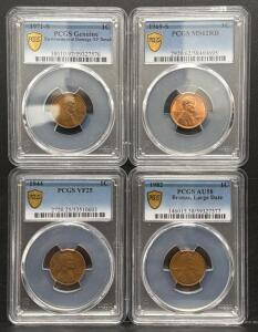 1969-S, 1944, 1971-A, 1982 Lincoln Memorial Cent PCGS MS62RD, Red, PCGS Cert #58469695, San Francisco Mint
