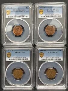 PCGS Certified Lincoln Cents: 1964-D, 1982-D Zinc Large Date AU55, 1942-S VF20, 1956-D VF30