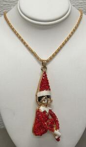 Betsey Johnson Elf Pendant Necklace &ndash; Gold-Tone Chain, Red Rhinestones, 24" Length