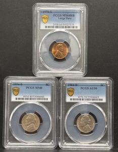 1970-S Lincoln Cent MS64RB Large Date & 1954-S, 1964-D Jefferson Nickels PCGS Graded Lot