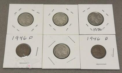 (4) Buffalo Nickels 1936, (2) Lincoln Wheat Cents 1946-D, US 5&cent; & 1&cent; Coins (6 pcs, Circulated)