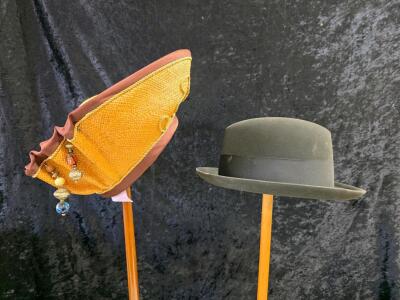 Vintage Black Wool Felt Bowler Hat & Victorian-Inspired Straw Bonnet with Beads, Costume/Decorative