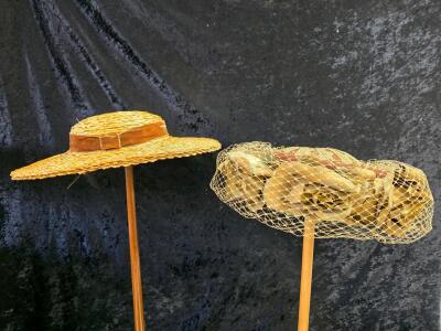 Vintage Floral Net Veil Cocktail Hat & Straw Boater Sun Hat