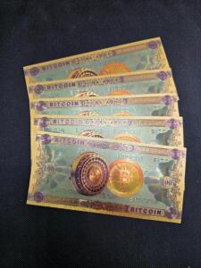 5 Gold-Tone '100 Bitcoin' Collectible Novelty Bills with Holographic Accents