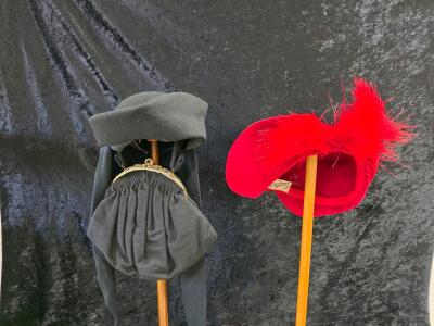 Vintage Black Velvet Hat with Matching Purse & Red Feather Cocktail Hat, 1940s&ndash;1960s, Labeled