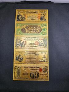 Replica Gold-Plated U.S. Currency Set: $1 $5 $50 $100 $1,000 Notes, 1800s Style, Collectible