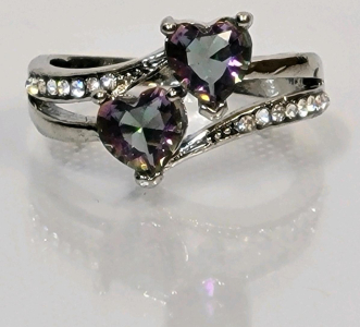 Mystic Rainbow Topaz Double Heart Ring, Size 8